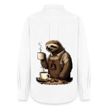 Paresseux avec tablier et tasses avec café parfumé - Chemise Oxford Femme - blanc - Dos - AI Model Female 172 light (172cm)
