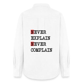 Never Explain – Never Complain, cool life motto - Women's Oxford Shirt - white - Back - AI Model Female 172 light (172cm)