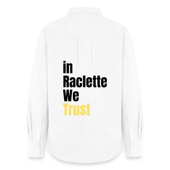 In Raclette We Trust humour fromage - Chemise Oxford Femme - blanc - Dos - AI Model Female 172 light (172cm)