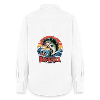 Basszilla Fear The Fin – lustiges riesiges Fischmonster - Frauen Oxford Hemd - Weiß - Hinten - AI Model Female 172 light (172cm)