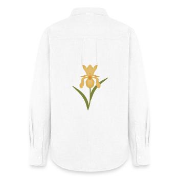 Floraison d’iris doré sur fond vert - Chemise Oxford Femme - blanc - Dos - AI Model Female 172 light (172cm)