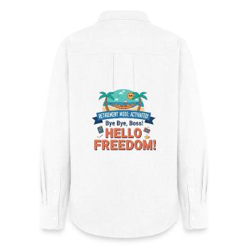 Rente: Retirement Mode Activated – Hello Freedom - Frauen Oxford Hemd - Weiß - Hinten - AI Model Female 172 light (172cm)