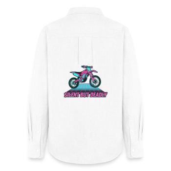Moto électrique tout-terrain silencieuse mais mortelle des années 80 - Chemise Oxford Femme - blanc - Dos - AI Model Female 172 light (172cm)