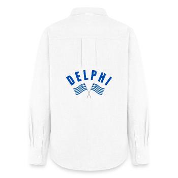 Drapeaux jumeaux grecs de Delphes - Chemise Oxford Femme - blanc - Dos - AI Model Female 172 light (172cm)