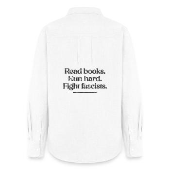 Read Books Run Hard Fight Fascists  NO KINGS - Frauen Oxford Hemd - Weiß - Hinten - AI Model Female 172 light (172cm)