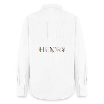 Art du nom HENRY avec fleurs brodées - Chemise Oxford Femme - blanc - Dos - AI Model Female 172 light (172cm)