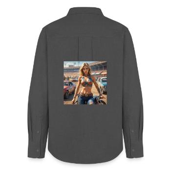 Rennsport Rebellin Denim Outfit - Frauen Oxford Hemd - Anthrazit - Hinten - AI Model Female 172 light (172cm)