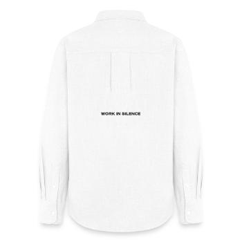 Work in Silence Minimal Typography - Women's Oxford Shirt - white - Back - AI Model Female 172 light (172cm)