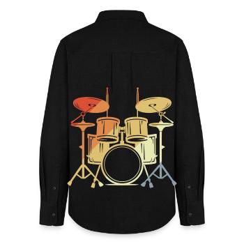Drum Set Vintage Look - Frauen Oxford Hemd - Schwarz - Hinten - AI Model Female 172 light (172cm)