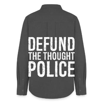 defund the thought police - Chemise Oxford Femme - charbon - Dos - AI Model Female 172 light (172cm)