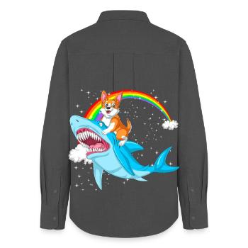 Corgi chevauchant un requin - Conception de chien surréaliste drôle - Chemise Oxford Femme - charbon - Dos - AI Model Female 172 light (172cm)