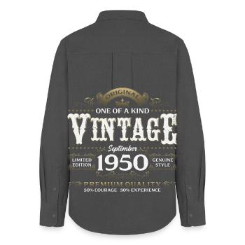 75e anniversaire Millésime Septembre Année 1950 - Chemise Oxford Femme - charbon - Dos - AI Model Female 172 light (172cm)