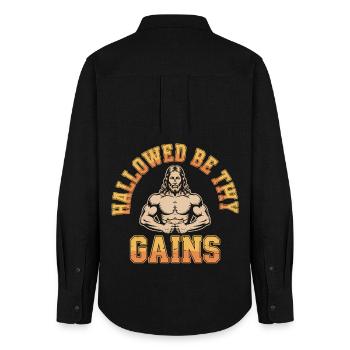 Sanctifiés soient tes gains - Funny Jesus Gym Meme - Chemise Oxford Femme - noir - Dos - AI Model Female 172 light (172cm)