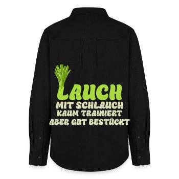 Gym LEEKS WITH HOSE HARDLY TRAINED Funny - Women's Oxford Shirt - black - Back - AI Model Female 172 light (172cm)