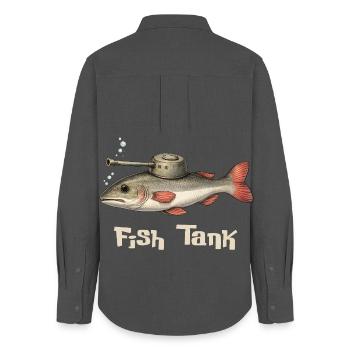 Aquarium – Jeu de mots drôles de poissons - Chemise Oxford Femme - charbon - Dos - AI Model Female 172 light (172cm)
