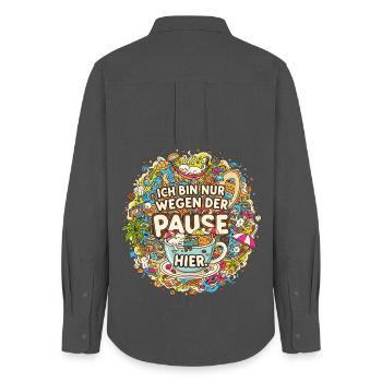 Ich bin nur wegen der Pause hier | Kaffee Doodle - Frauen Oxford Hemd - Anthrazit - Hinten - AI Model Female 172 light (172cm)