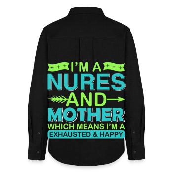 Nurse And Mother – Exhausted But Happy Shirt - Women's Oxford Shirt - black - Back - AI Model Female 172 light (172cm)