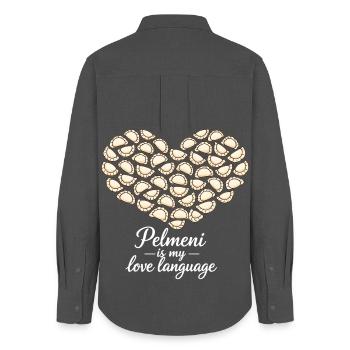 Pelmeni Herz – Pelmeni is my love language - Frauen Oxford Hemd - Anthrazit - Hinten - AI Model Female 172 light (172cm)