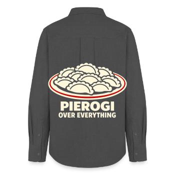 Pierogi über alles, was mit Essen und Humor zu tun hat, - Frauen Oxford Hemd - Anthrazit - Hinten - AI Model Female 172 light (172cm)