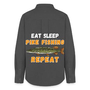 Eat, Sleep Hechtfischen Wiederholen Angler Geschenk - Frauen Oxford Hemd - Anthrazit - Hinten - AI Model Female 172 light (172cm)