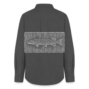 Art de lignes de brochet – Noble Angler & Fischer Design - Chemise Oxford Femme - charbon - Dos - AI Model Female 172 light (172cm)