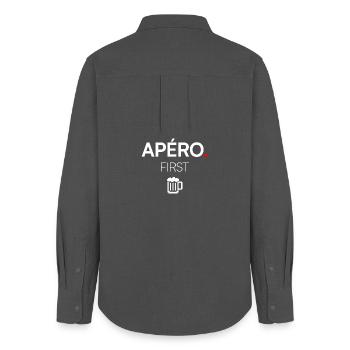APERO ZUERST | Aperitif-Humor-T-Shirt - Frauen Oxford Hemd - Anthrazit - Hinten - AI Model Female 172 light (172cm)
