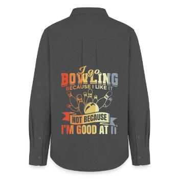 Blague sur le bowling - Chemise Oxford Femme - charbon - Dos - AI Model Female 172 light (172cm)