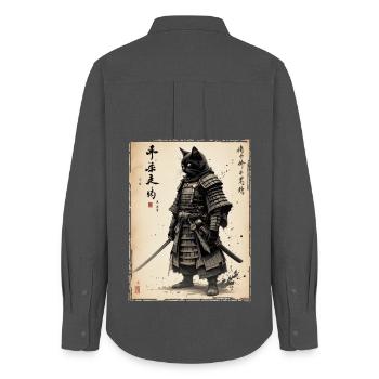 Chat samouraï, guerrier et combattant japonais - Chemise Oxford Femme - charbon - Dos - AI Model Female 172 light (172cm)
