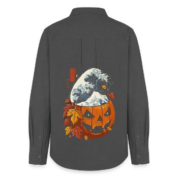 Halloween Fall - Pumpkin Wave Kanagawa - Women's Oxford Shirt - anthracite - Back - AI Model Female 172 light (172cm)
