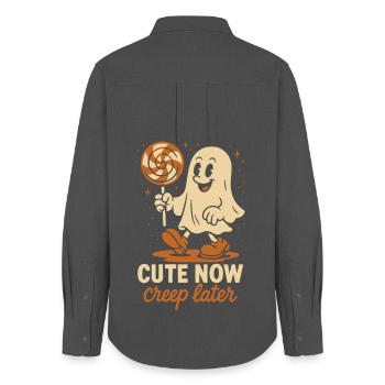 Niedlich Jetzt Grusel Später Lustiger Halloween Geist - Frauen Oxford Hemd - Anthrazit - Hinten - AI Model Female 172 light (172cm)