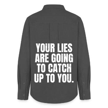 your lies are going to catch up to you  - Frauen Oxford Hemd - Anthrazit - Hinten - AI Model Female 172 light (172cm)