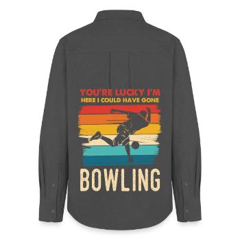 Glück, ich bin hier zum Bowling - Frauen Oxford Hemd - Anthrazit - Hinten - AI Model Female 172 light (172cm)