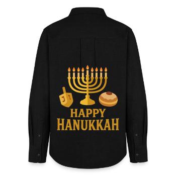 Menorah d’or : Joyeux Hanoukka - Chemise Oxford Femme - noir - Dos - AI Model Female 172 light (172cm)