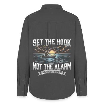 Set The Hook Not The Alarm Angler Sunrise - Women's Oxford Shirt - anthracite - Back - AI Model Female 172 light (172cm)