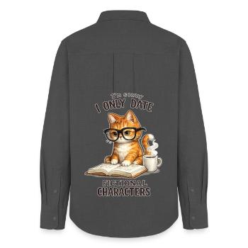 I only date fictional characters – reading cat with - Women's Oxford Shirt - anthracite - Back - AI Model Female 172 light (172cm)