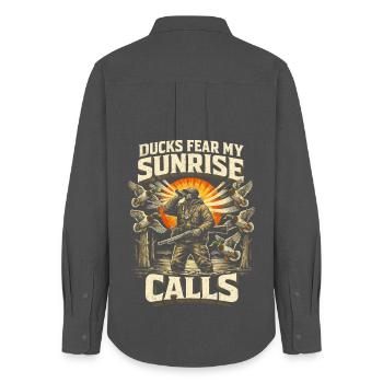 Entenjagd Ducks Fear My Sunrise Calls - Frauen Oxford Hemd - Anthrazit - Hinten - AI Model Female 172 light (172cm)