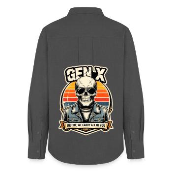 Skull Sunset Denim Rider - Frauen Oxford Hemd - Anthrazit - Hinten - AI Model Female 172 light (172cm)