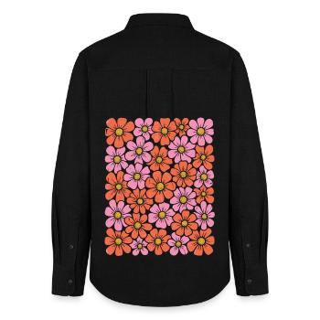 Retro Groovy Flowers – 70s Folk Art Screenprint De - Frauen Oxford Hemd - Schwarz - Hinten - AI Model Female 172 light (172cm)