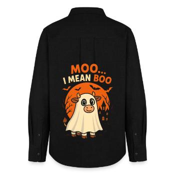 Moo... I mean Boo - Cute Halloween Cow - Women's Oxford Shirt - black - Back - AI Model Female 172 light (172cm)