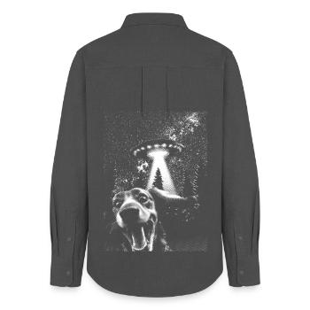 UFO und Hund Hundeshirt Funshirt - Frauen Oxford Hemd - Anthrazit - Hinten - AI Model Female 172 light (172cm)