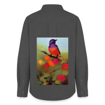 Oiseau sur branche avec des fleurs colorées - Chemise Oxford Femme - charbon - Dos - AI Model Female 172 light (172cm)