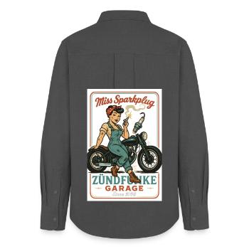 Miss Sparkplug – Zündfunke Garage Queen - Chemise Oxford Femme - charbon - Dos - AI Model Female 172 light (172cm)