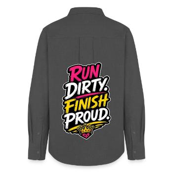 Run Dirty Finish Proud Running Motivation - Chemise Oxford Femme - charbon - Dos - AI Model Female 172 light (172cm)