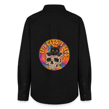 Cat in Skull Oldschool Tattoo Design - Women's Oxford Shirt - black - Back - AI Model Female 172 light (172cm)