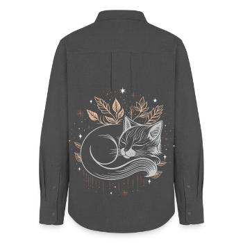 Schlafende Katze im Laub - Mystische Herbstnacht - Frauen Oxford Hemd - Anthrazit - Hinten - AI Model Female 172 light (172cm)