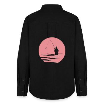 Pêcheur, Lac, Soleil Du Soir, Mer, Poisson, Symbole Nature - Chemise Oxford Femme - noir - Dos - AI Model Female 172 light (172cm)