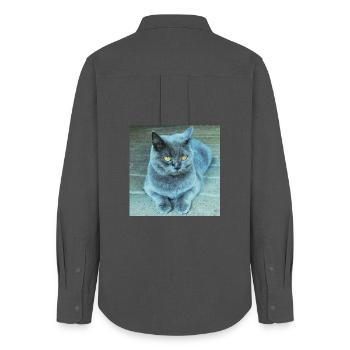 Chat Gris-Bleu aux Yeux Dorés - Chemise Oxford Femme - charbon - Dos - AI Model Female 172 light (172cm)