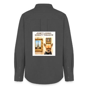 Nur schauen, nicht anfassen - Just Look Dont Touch - Frauen Oxford Hemd - Anthrazit - Hinten - AI Model Female 172 light (172cm)