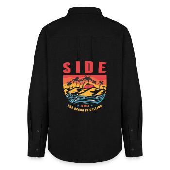 Side Turkey palm tree design - Women's Oxford Shirt - black - Back - AI Model Female 172 light (172cm)