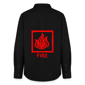 Symbole du feu rouge en carré avec le texte 'FIRE' - Chemise Oxford Femme - noir - Dos - AI Model Female 172 light (172cm)